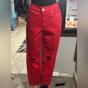 NWOT Express Red Distressed Ankle Legging High Rise Denim Jeans w/Branded Button